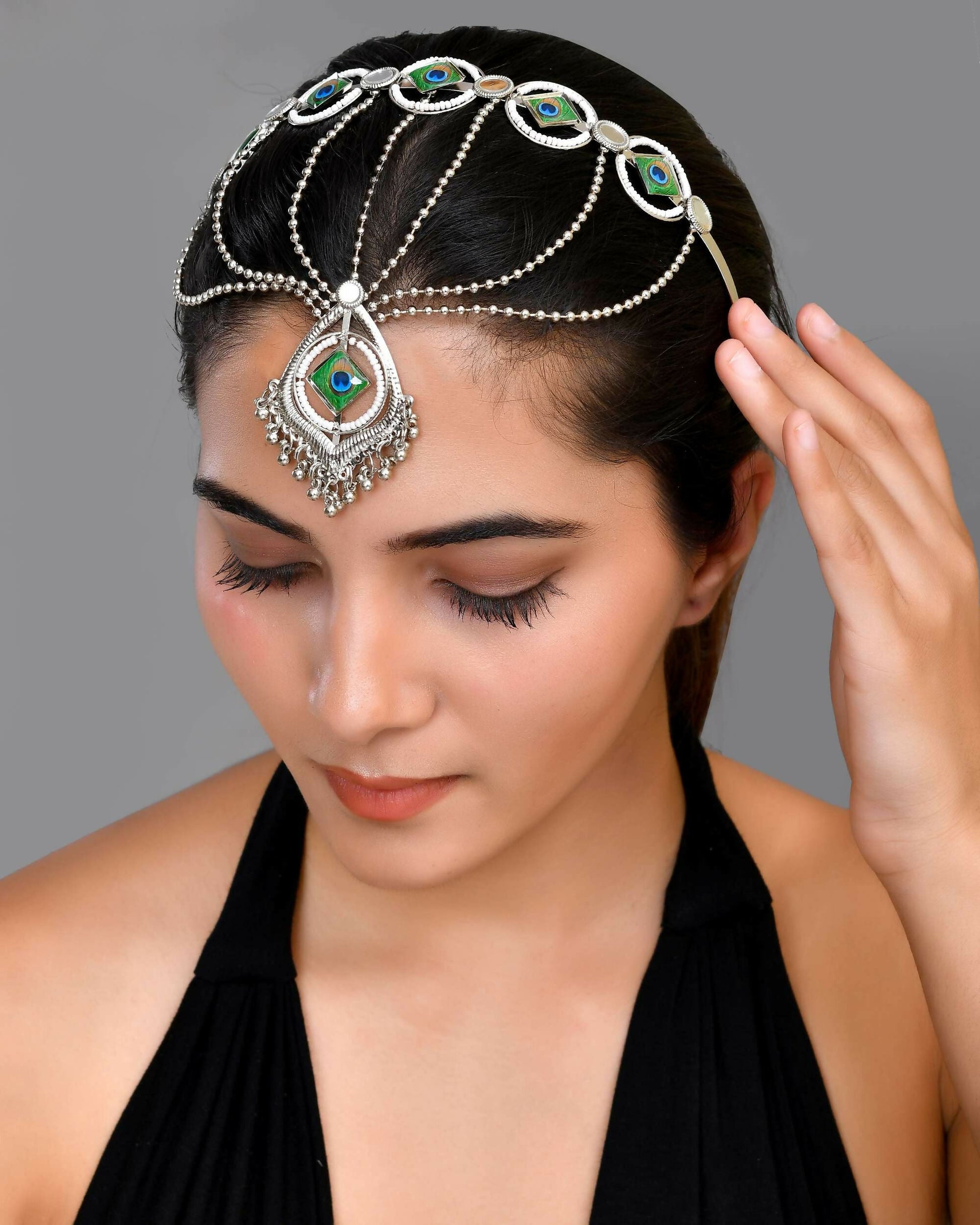 VOJ Silver Plated Peacock Printed Hairband With Mang Tikka | Swadesiicart