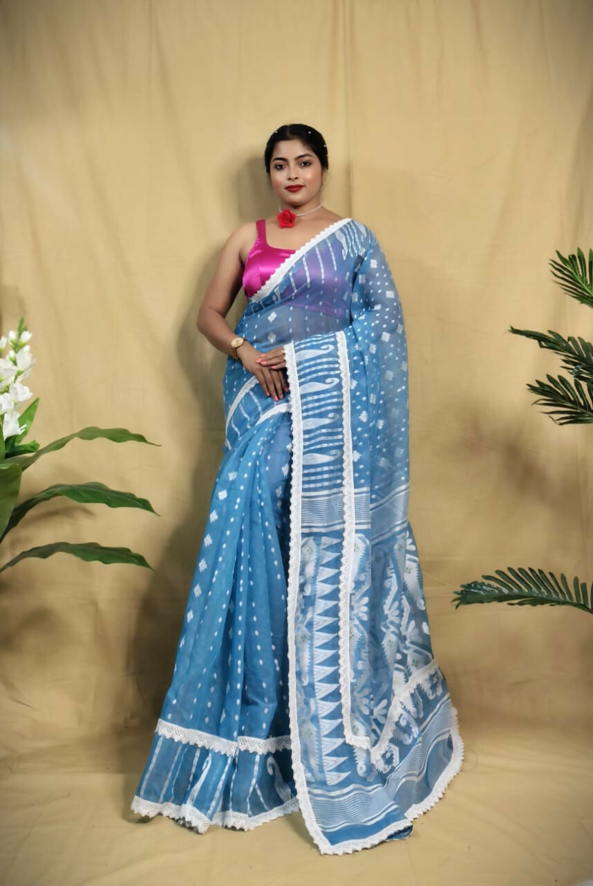 Exclusive Collection Beautiful Light Blue Jaal Jamdani Saree - Swadesiicart