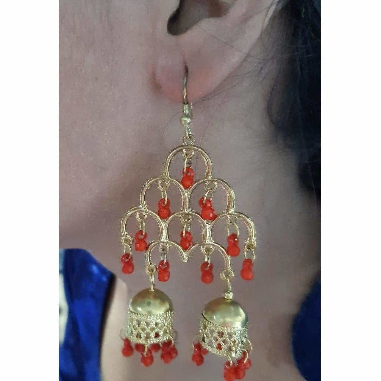 MS Fashion India Gold-Polished Fashion Traditional Double Jhumka Long Red Pearls Earrings | Swadesiicart
