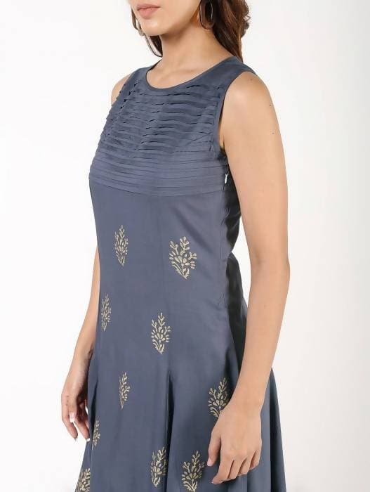 Aniyah Rayon Block Print Flared Grey Kurta (AN-150K) - Swadesiicart