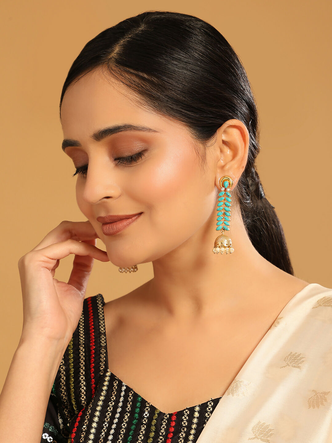 Nuyug 22K Gold Plated Pearl & Turquoise Stone Studded Contemporary Shaped Jhumkas | Swadesiicart