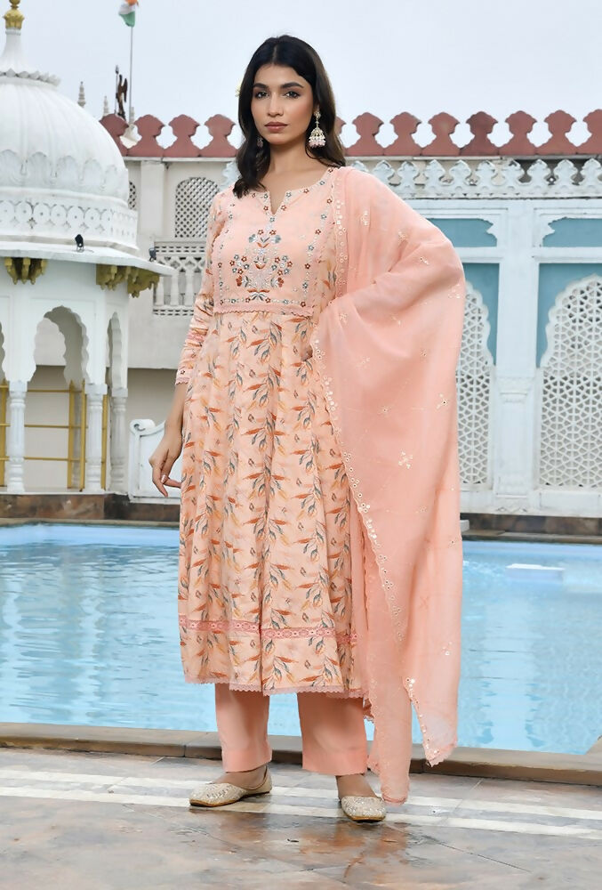 Vaasva Women's Peach Cotton Anarkali Set With Solid Pant And Embroidered Dupatta | Swadesiicart