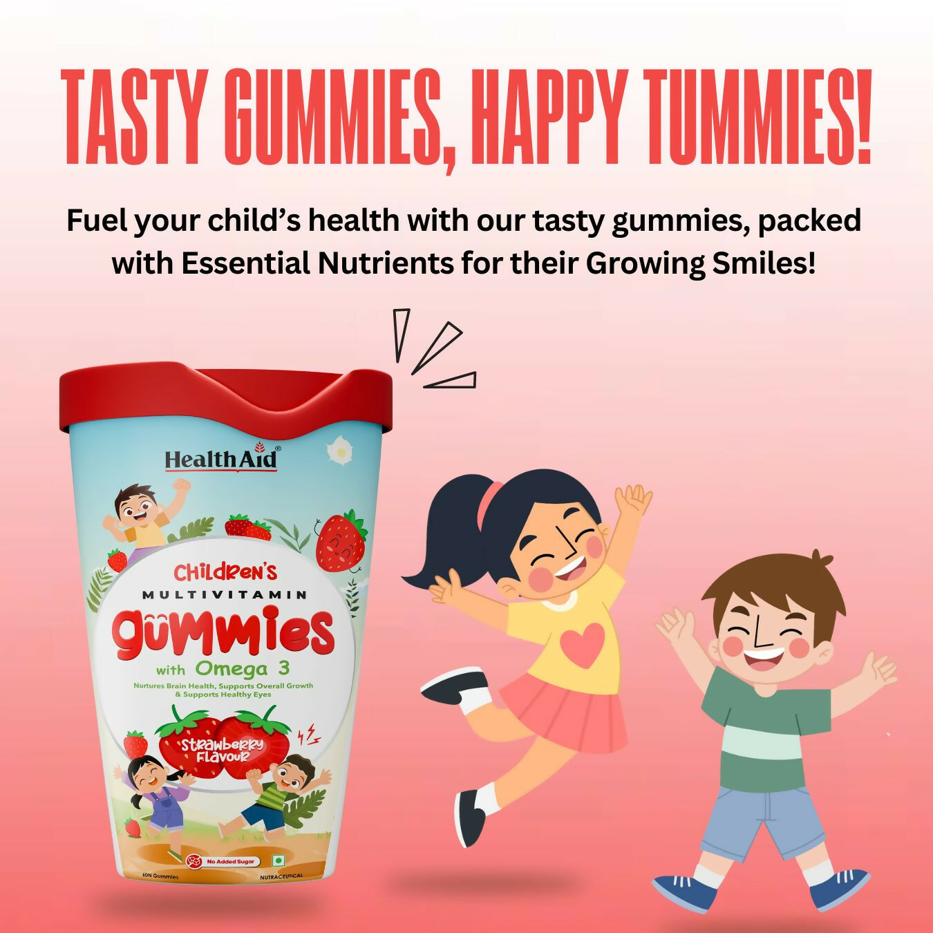 HealthAid Children's Multivitamin Gummies with Omega 3 Gummies - Strawberry Flavour - Swadesiicart