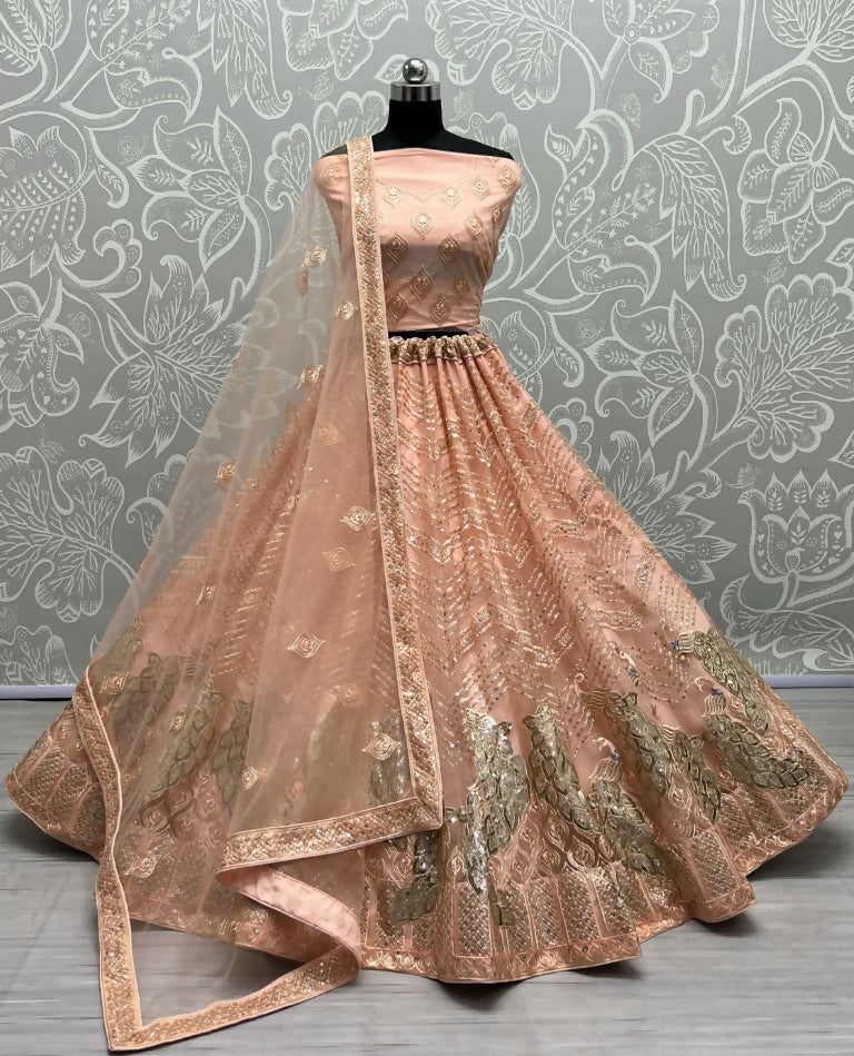 Jyoti Fashion Women's Peach Bridal Net Fancy Foil & Sequins with Multi Thread Embroidered Wedding Lehenga Choli | Swadesiicart