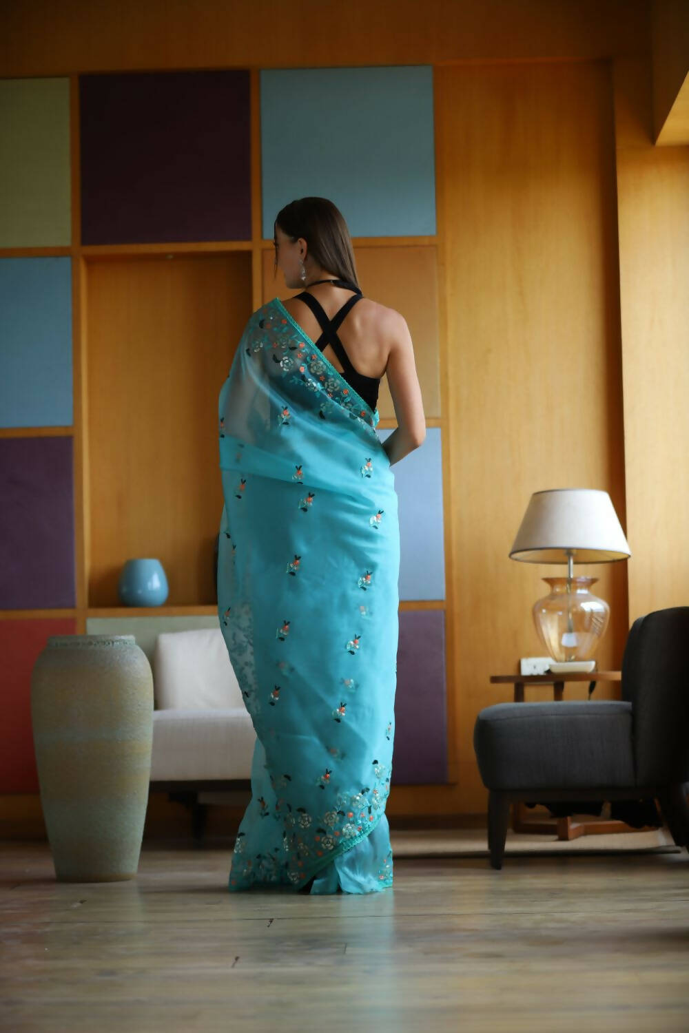 Vamsee Sky Organza Saree - Swadesiicart