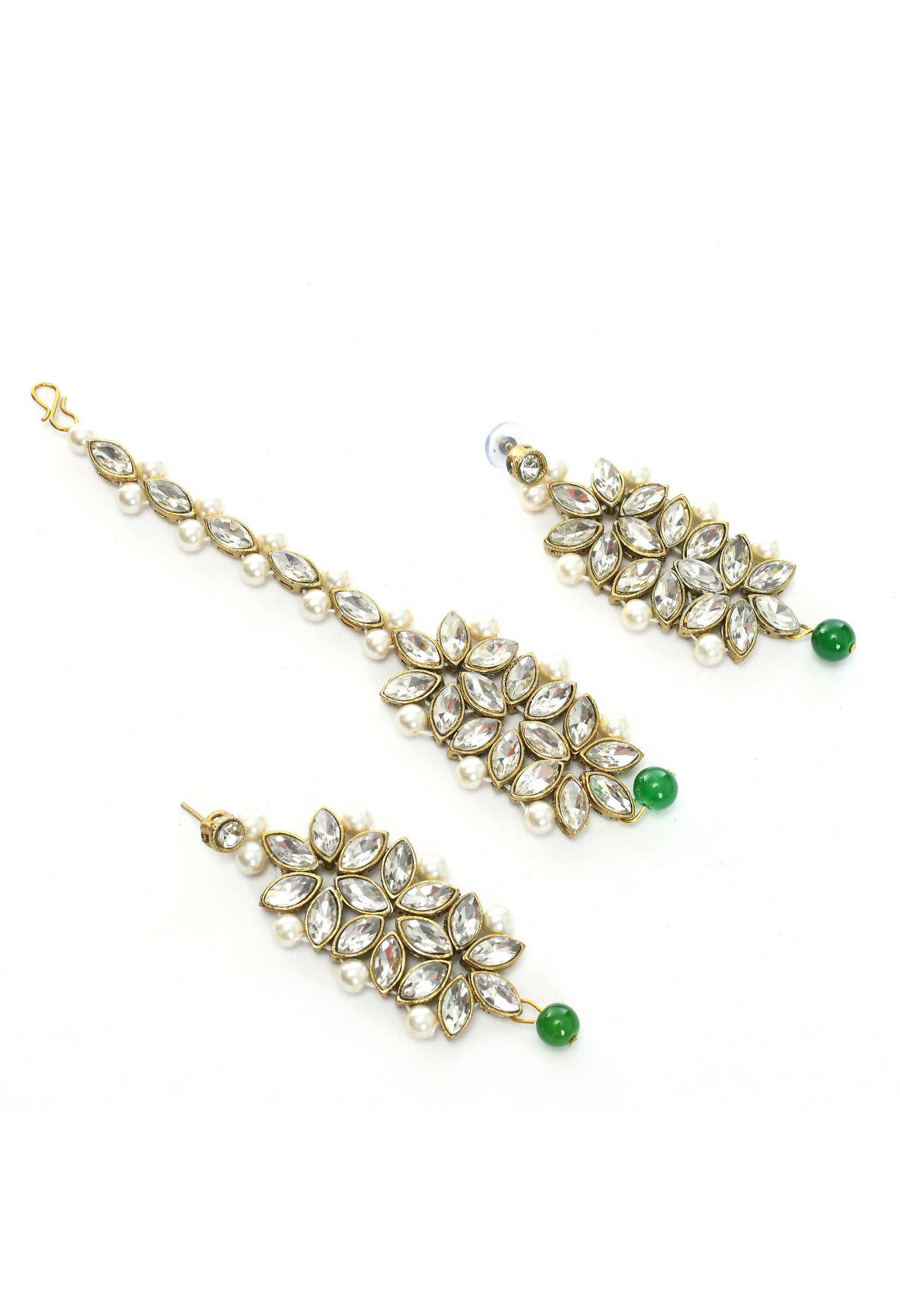 Mominos Fashion Johar Kamal Gold-Polished Rani Haar with Green and Off white Pearls Jewellery Set - Swadesiicart