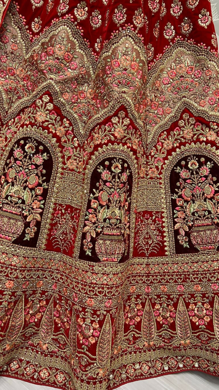Jyoti Fashion Women's Red Velvet Multi Thread Embroidered with Zircon Diamond Wedding Lehenga Choli | Swadesiicart