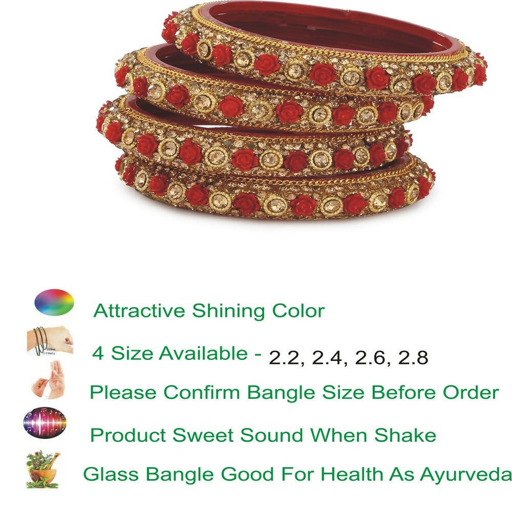 Afast Bridal Wedding & Party Fashionable Colorful Glass Bangle/Kada Set, Pack Of 4 - Red, Gold - Swadesiicart