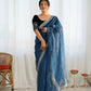 Attrctive Looking Gold Jari, Sequance Embroidery Work Twill Net Party Wear Saree - Teal