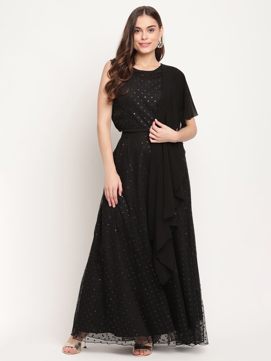 Ahalyaa Women's Black Net Glitter Print Top Skirt Set With Dupatta | Swadesiicart
