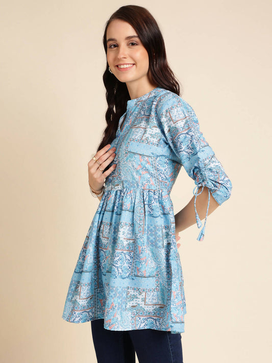 Light Blue Poly Rayon Digital Printed A-line Top - Tarini - Swadesiicart