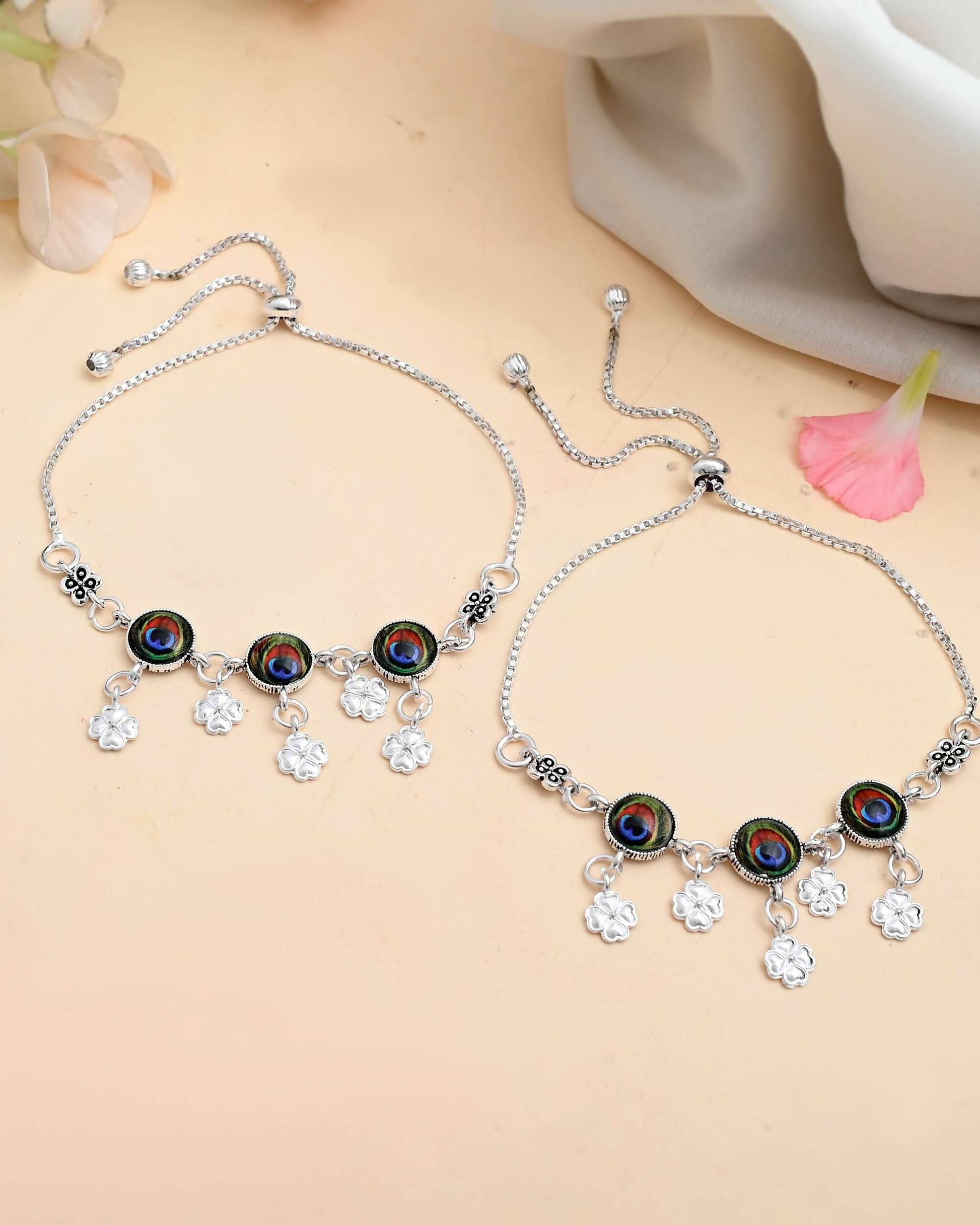 VOJ Set of 2 Silver Plated Peacock Printed HandCrafted Anklet - Swadesiicart