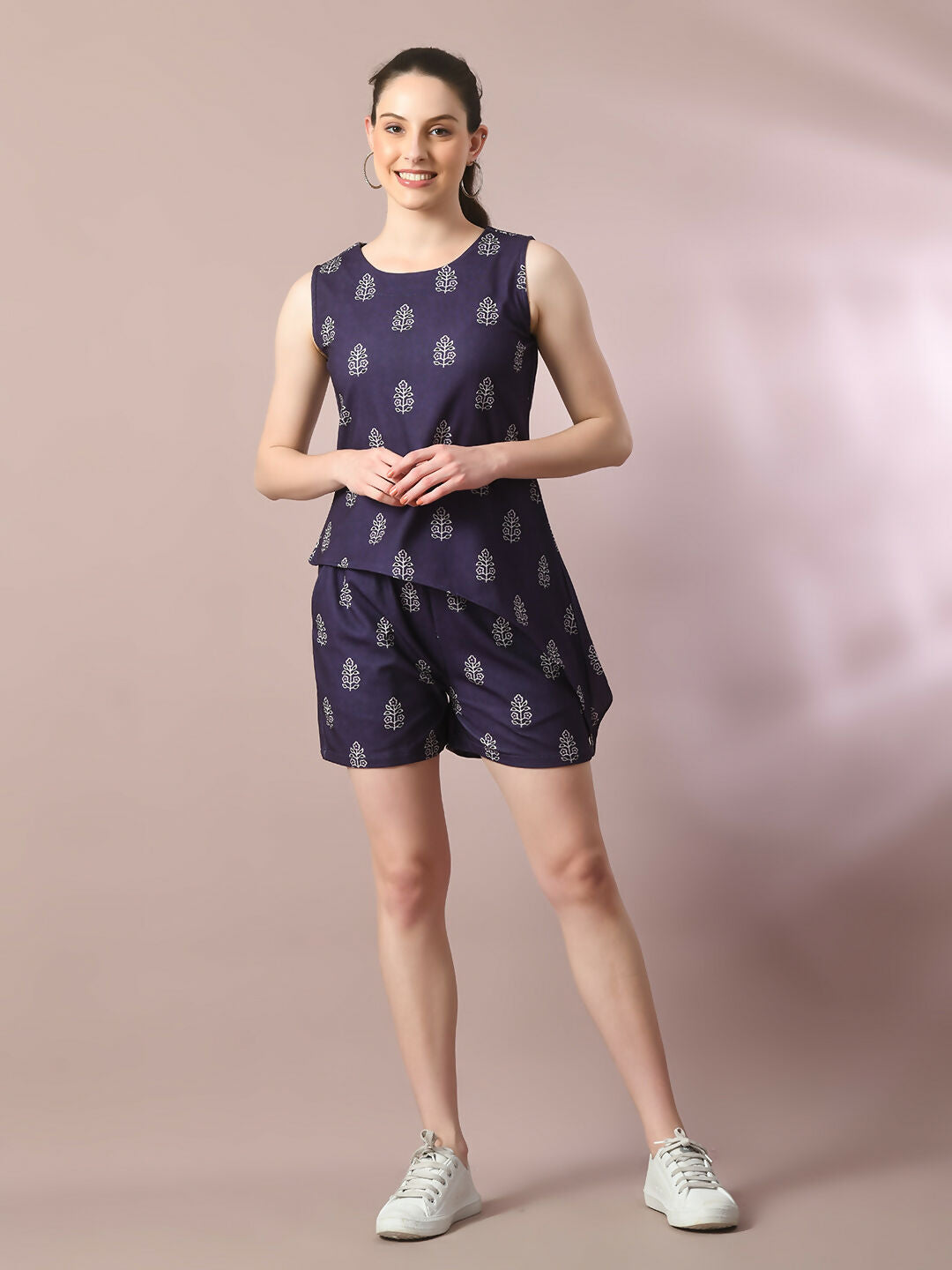 Myshka Women's Blue Printed Round Neck Party Top With Shorts Co-ord set - Swadesiicart