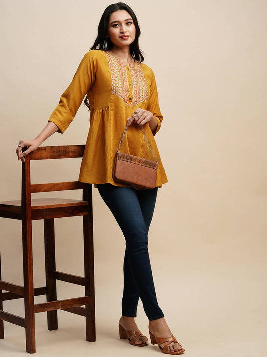 Mustard Chinon Embroidered Top - Tarini - Swadesiicart
