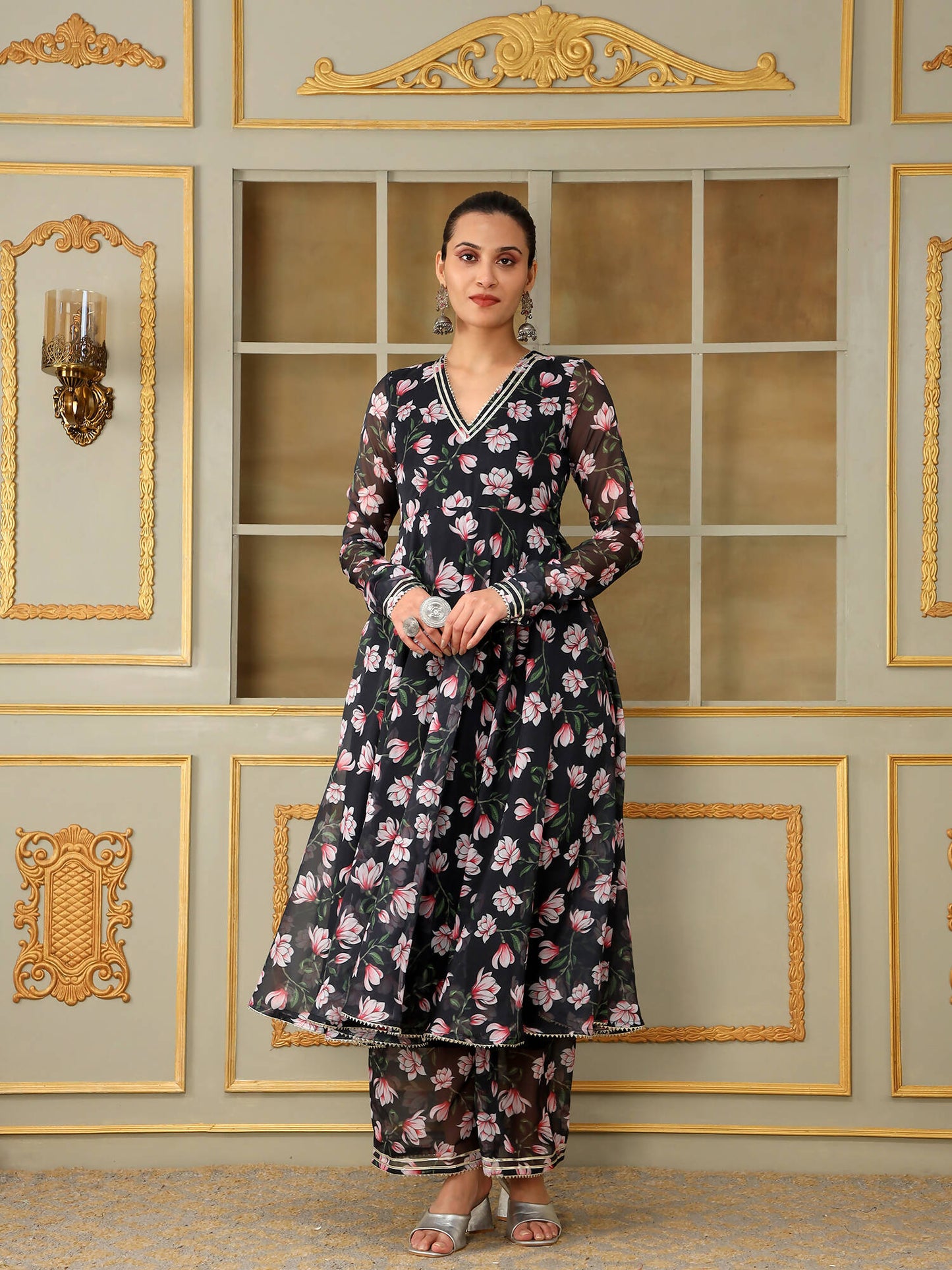 Pomcha Jaipur Black Saadgi Pink Lotus Anarkali Set | Swadesiicart