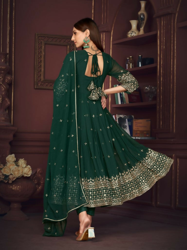 Jyoti Fashion Women's Golden & Bottle Green Georgette Embroidered Anarkali Kurta Pant Set With Dupatta | Swadesiicart