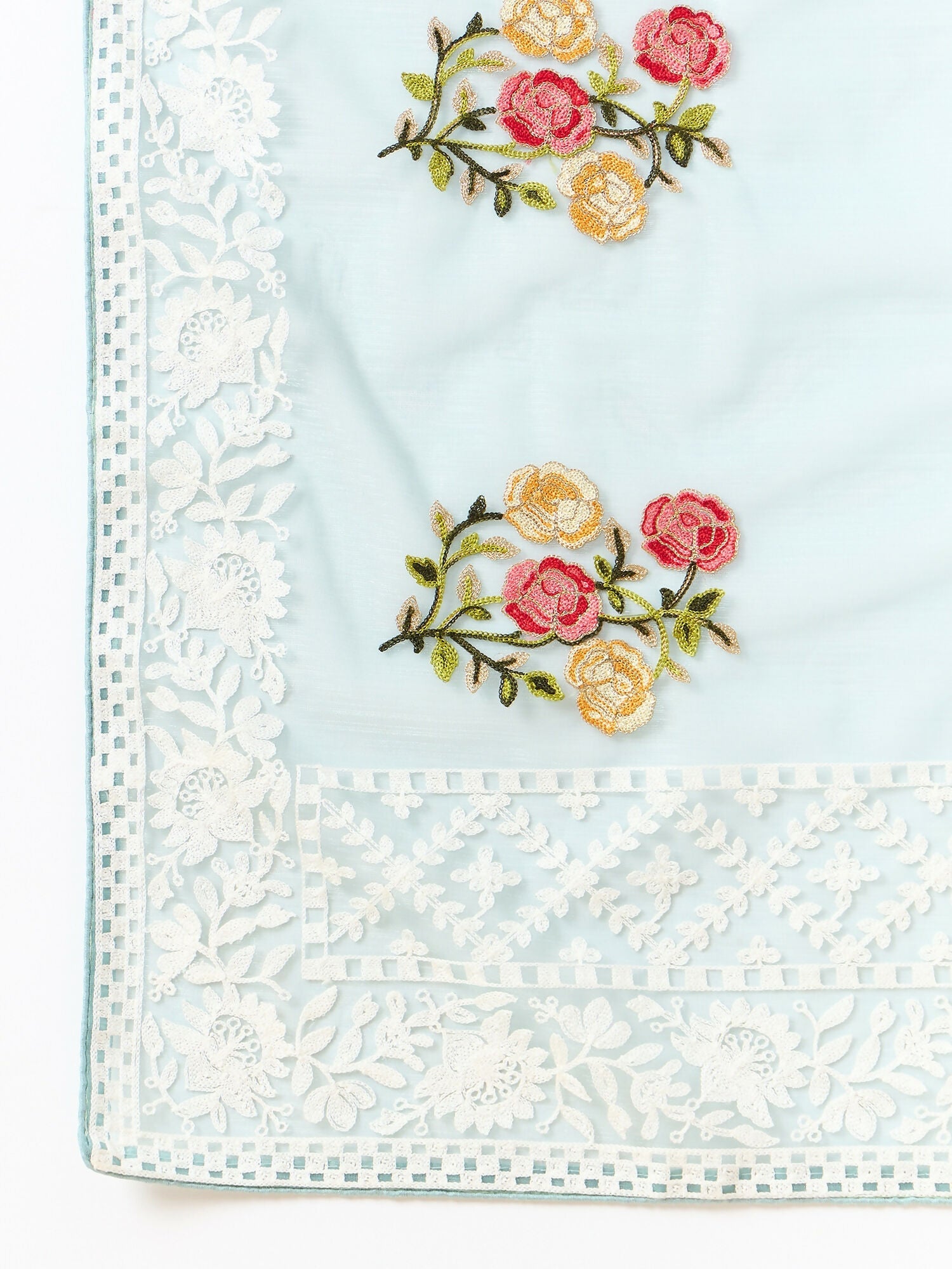 Blue Organza Floral Embroidered Saree with Unstitched Blouse Piece - Roozal
