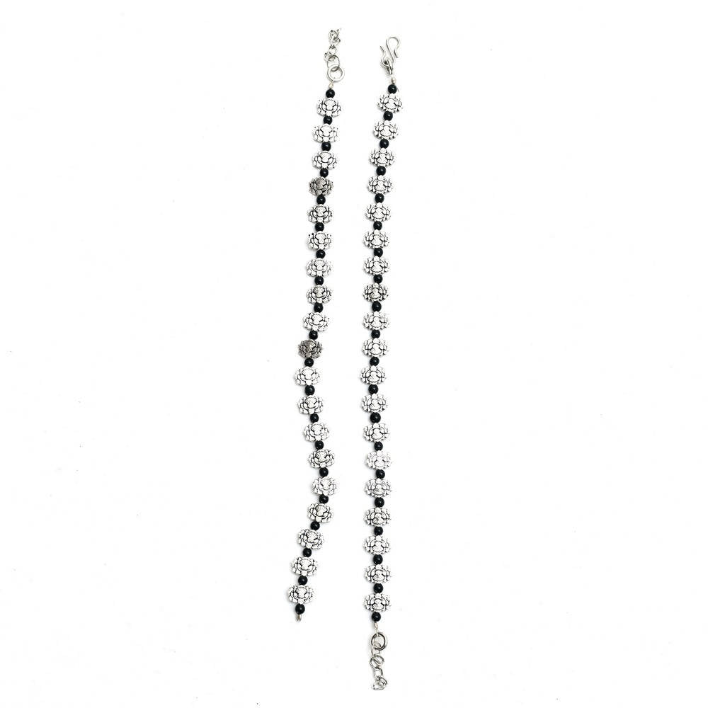 Mominos Fashion Kamal Johar Oxidised Silver Black Beads Anklets | Swadesiicart