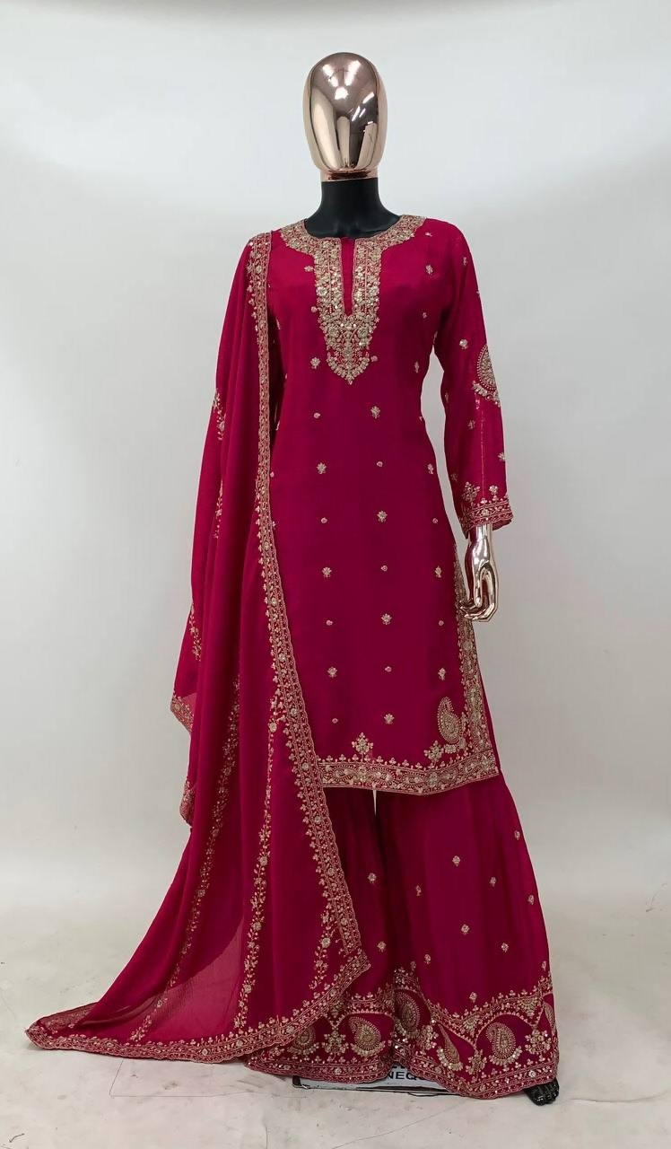 Lorenvalley Fashion Pink Chinon Embroidery With Sequince Work Salwar Kameez Stitched | Swadesiicart