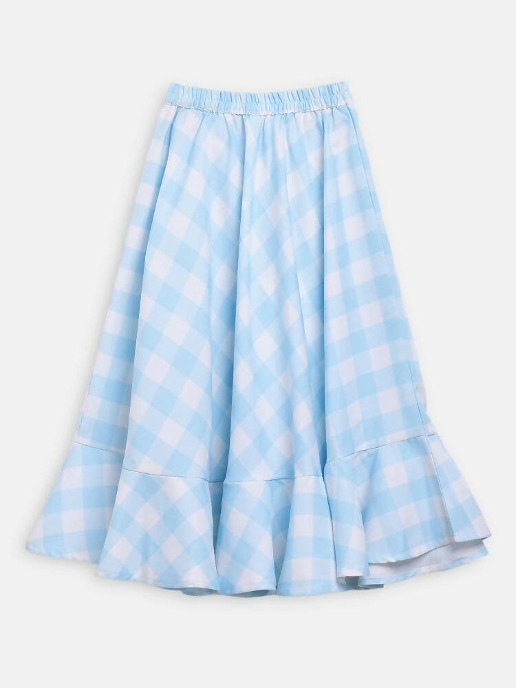 Ahalyaa Sky Blue Rayon Checked Kids Top With Skirts For Girls | Swadesiicart