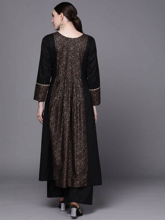 Ahalyaa Women Black Floral Printed Pure Cotton Kurta with Palazzos | Swadesiicart