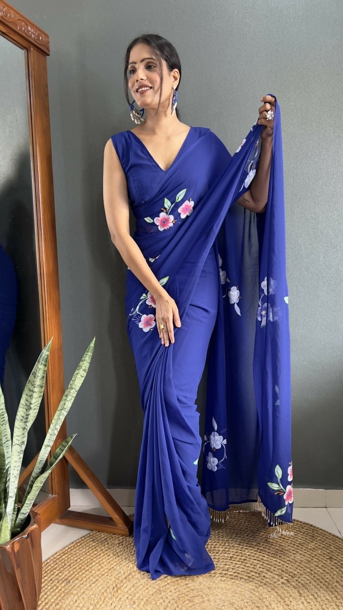 Aayaa Designer 1 min Hand Painted Ready to Wear saree - Navy Blue | Swadesiicart