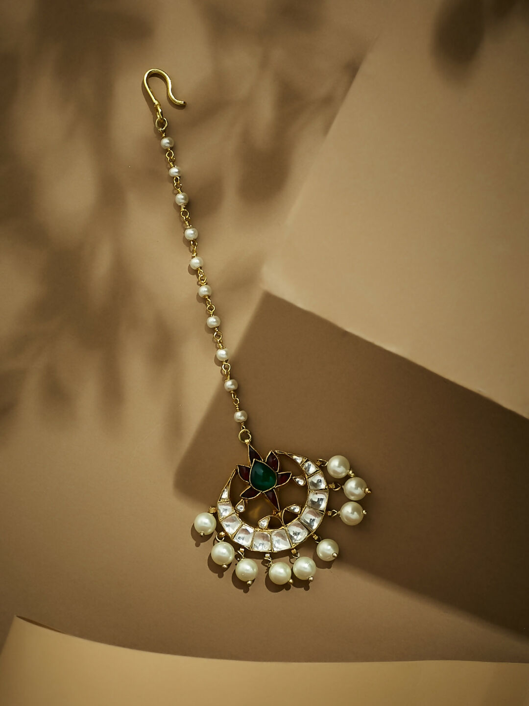 Nuyug 22K Gold-Plated Green Stone & Kundan Studded with Pearl Drop Maang Tikka Head Jewellery | Swadesiicart