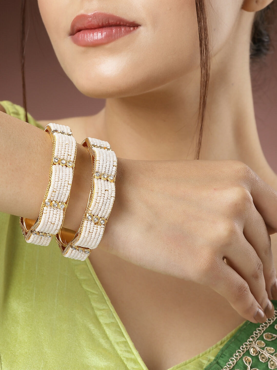 NVR Women's Set of 2 Gold-Polished Pearl Handcrafted Traditional Bangles - NR Retail-NVR