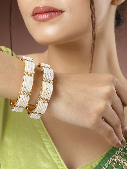 NVR Women's Set of 2 Gold-Polished Pearl Handcrafted Traditional Bangles - NR Retail-NVR