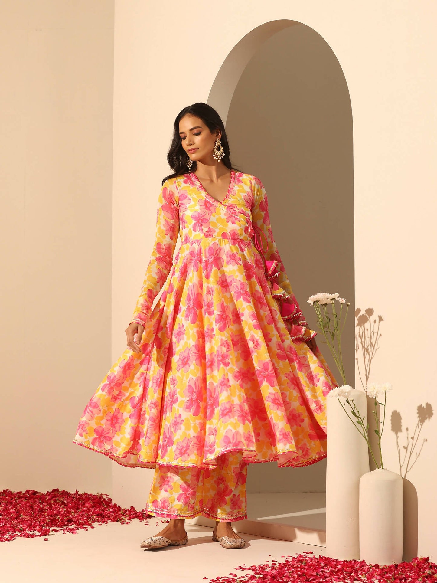Pomcha Jaipur Yellow Gul Rangrez Angrakha Set | Swadesiicart