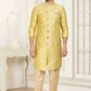 Raivat Ethnic Banarasi Jacquard Embroidery Semi Indo Western Sherwani In Cream Gold Colour | Swadesiicart