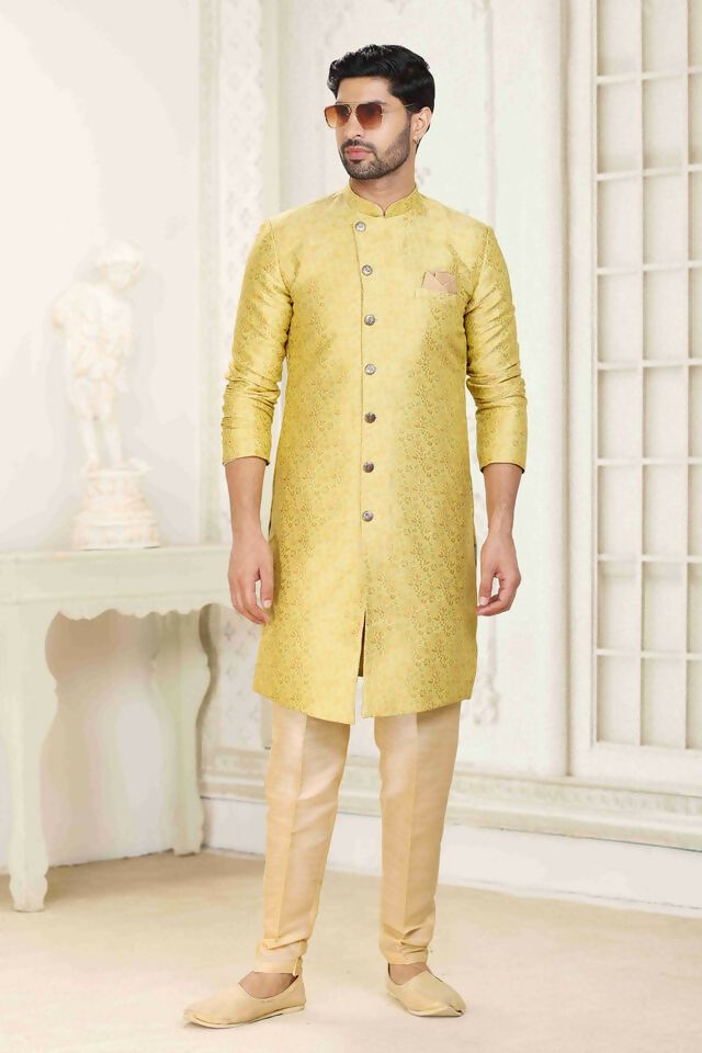 Raivat Ethnic Banarasi Jacquard Embroidery Semi Indo Western Sherwani In Cream Gold Colour | Swadesiicart