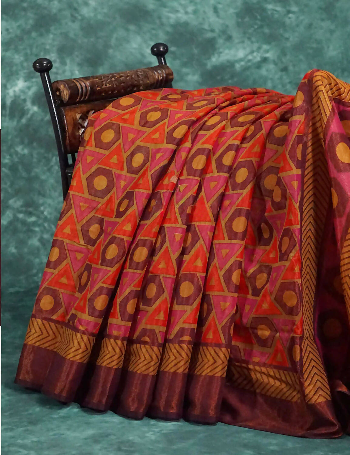 Orange And Henna Brown Colour With Geometrical Print Semi Chanderi Saree. By Gayathri Reddy Designer Studio | Swadesiicart