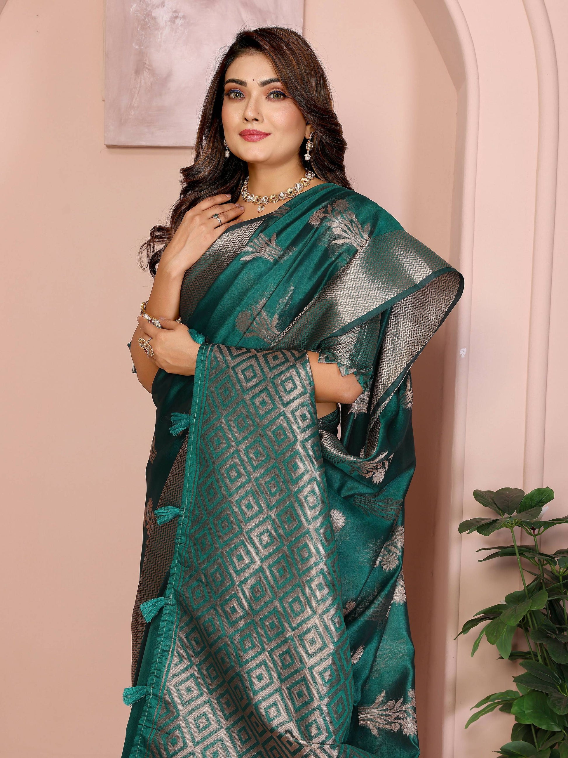 Aastha Fashion Green Soft Organza Silk Weaving Saree