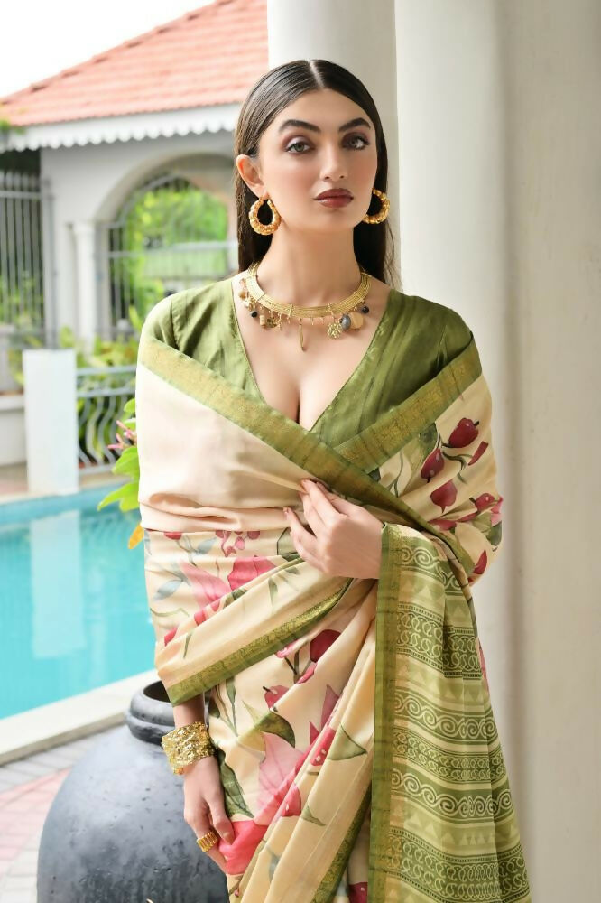 Vishnu Weaves Women's Mahendi Satin Silk Printed Saree with Blouse - Swadesiicart