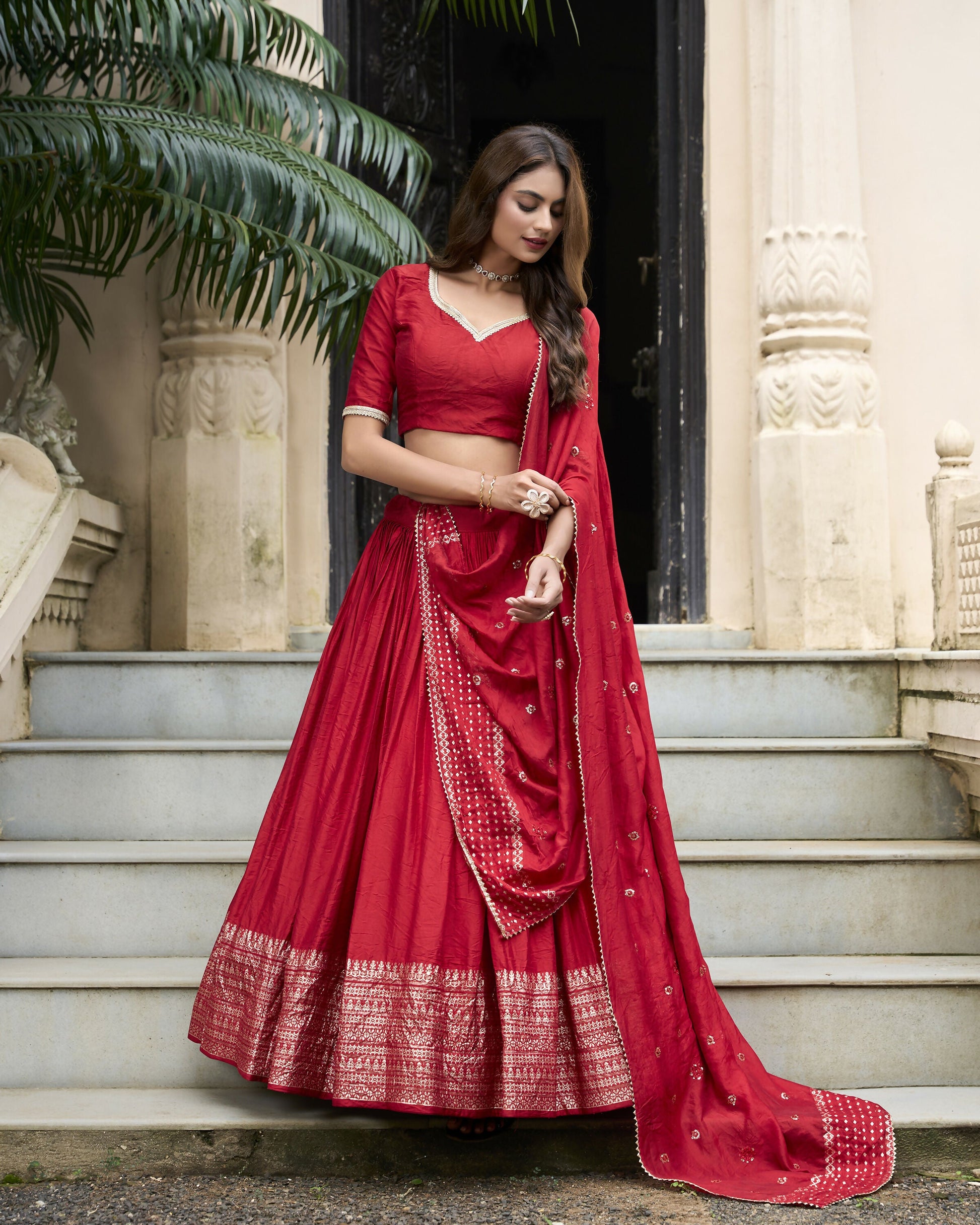Lorenvalley Red Pure Chanderi Plain With Zari Weaving Work Border Lehenga Choli | Swadesiicart