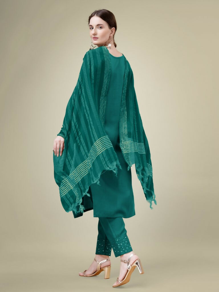 Jyoti Fashion Women's Teal Cotton Blend Embroidery & Sequence work Kurta with Trouser & Dupatta | Swadesiicart