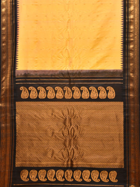 Yellow and Black Gadwal Silk Handloom Saree with Mango Pallu Design - Global Threads | Swadesiicart