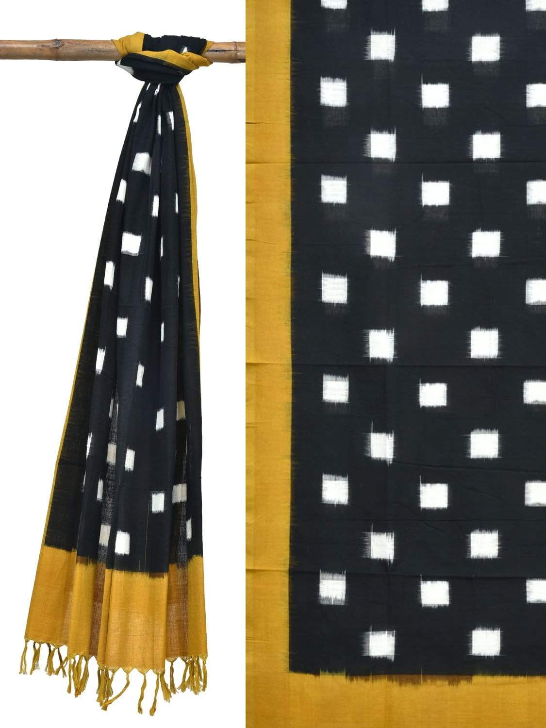 Yellow and Black Pochampally Ikat Cotton Handloom Dupatta with Square Buta Design - Global Threads | Swadesiicart