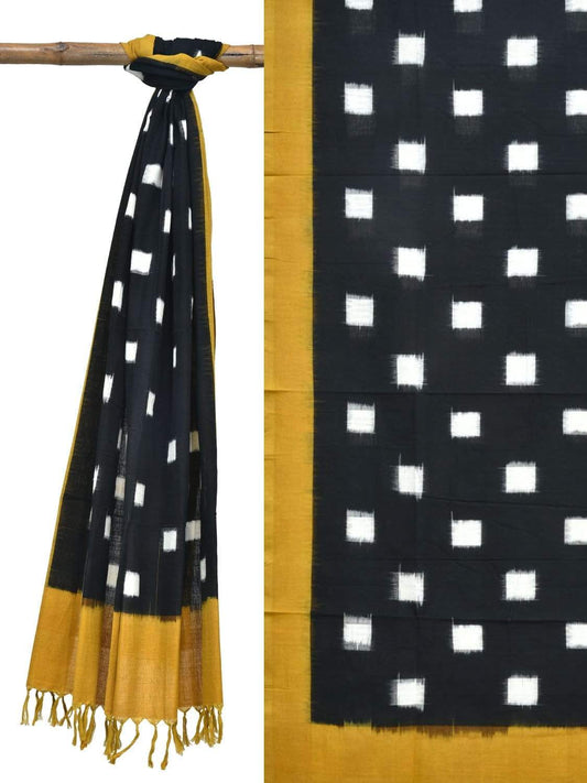 Yellow and Black Pochampally Ikat Cotton Handloom Dupatta with Square Buta Design - Global Threads | Swadesiicart