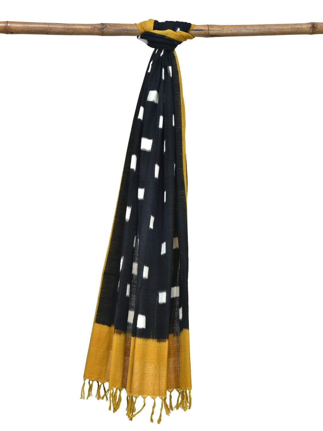 Yellow and Black Pochampally Ikat Cotton Handloom Dupatta with Square Buta Design - Global Threads | Swadesiicart