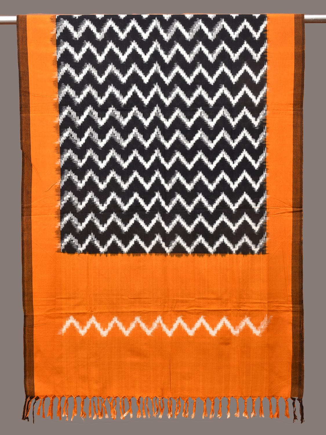 Yellow and Black Pochampally Ikat Cotton Handloom Dupatta with Zig-Zag Design - Global Threads | Swadesiicart