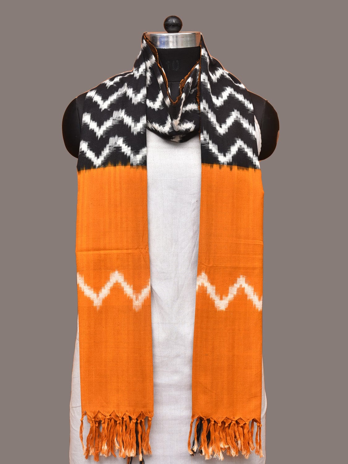 Yellow and Black Pochampally Ikat Cotton Handloom Dupatta with Zig-Zag Design - Global Threads | Swadesiicart