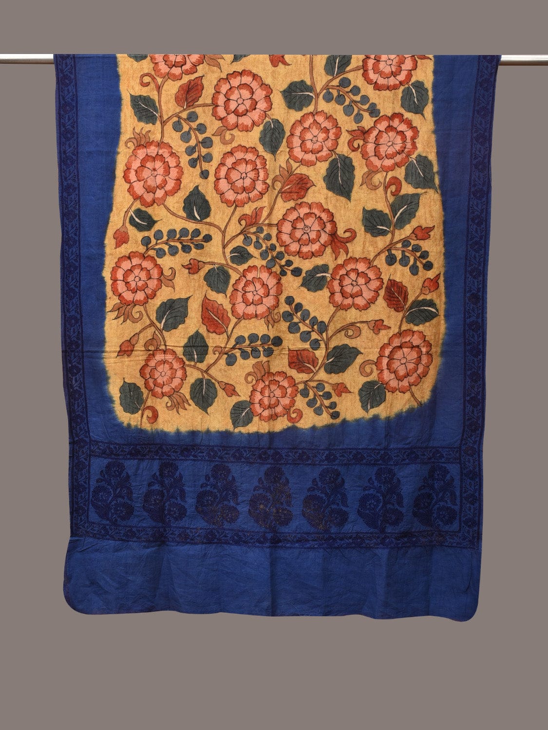 Yellow and Blue Kalamkari Hand Painted Cotton Tussar Cotton Handloom Dupatta with Floral and Embroidery Design - Global Threads | Swadesiicart