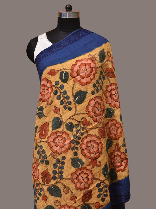 Yellow and Blue Kalamkari Hand Painted Cotton Tussar Cotton Handloom Dupatta with Floral and Embroidery Design - Global Threads | Swadesiicart