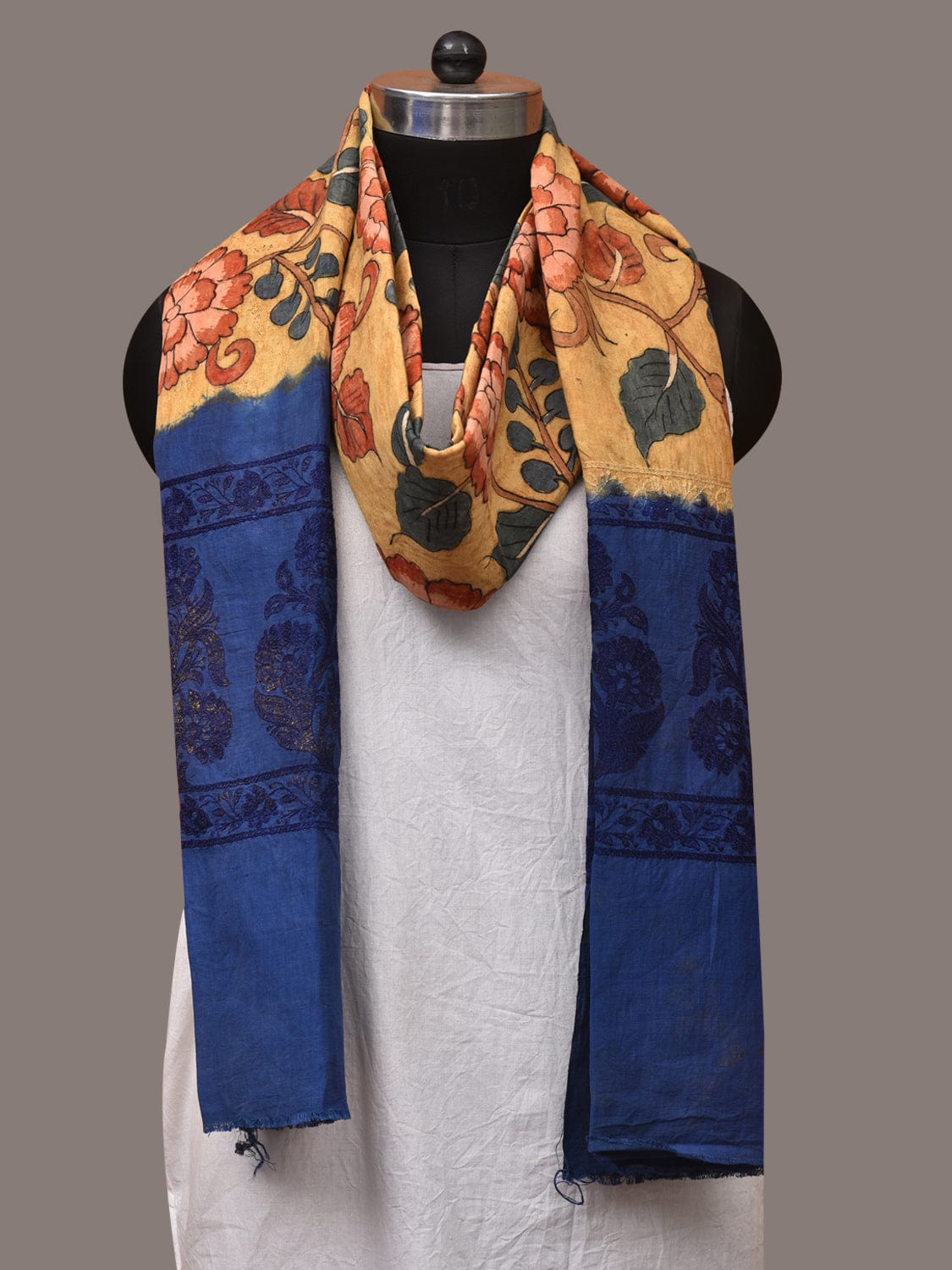 Yellow and Blue Kalamkari Hand Painted Cotton Tussar Cotton Handloom Dupatta with Floral and Embroidery Design - Global Threads | Swadesiicart