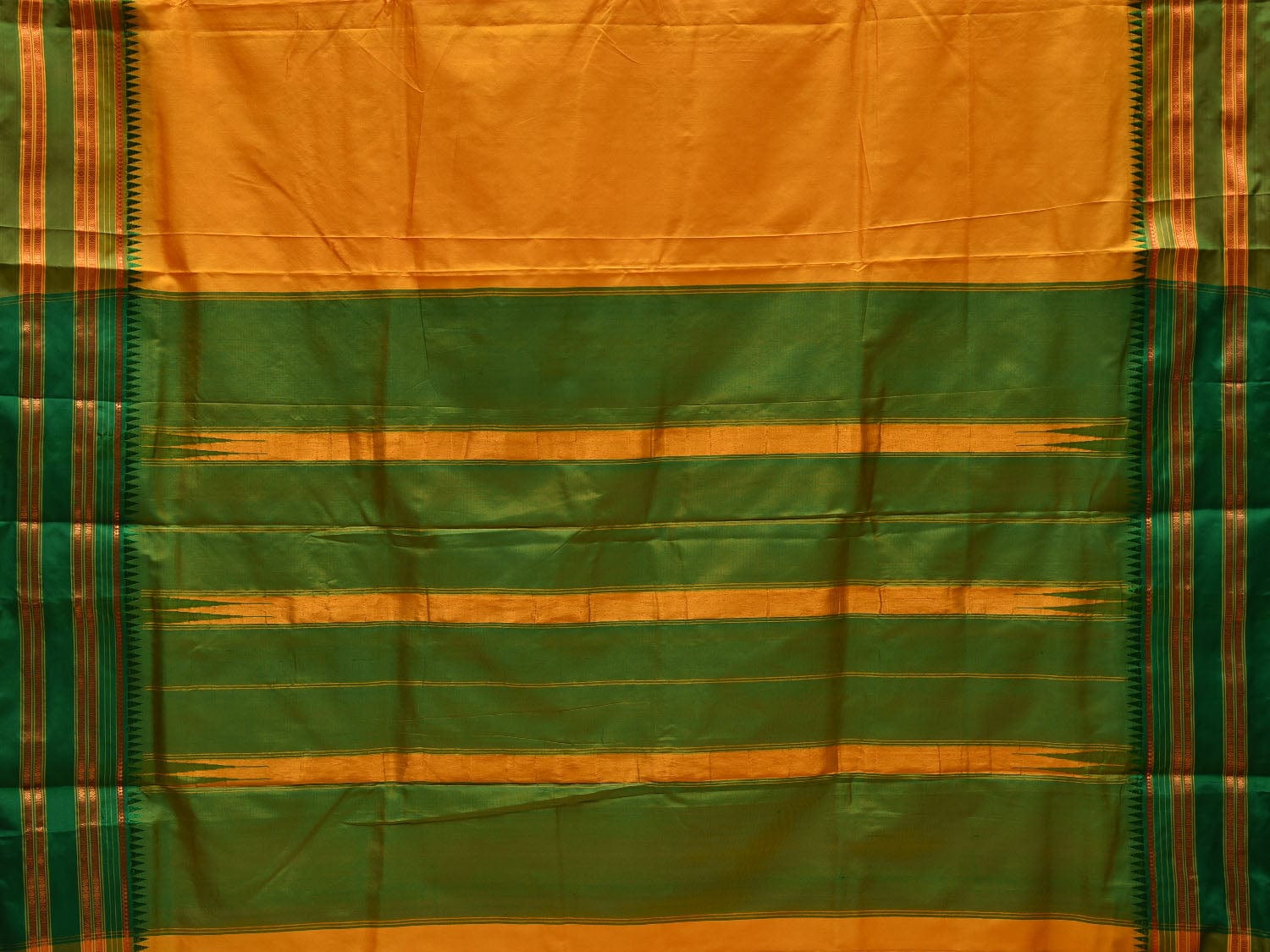 Yellow and Green Narayanpet Silk Handloom Plain Saree with Traditional Border Design No Blouse - Global Threads | Swadesiicart
