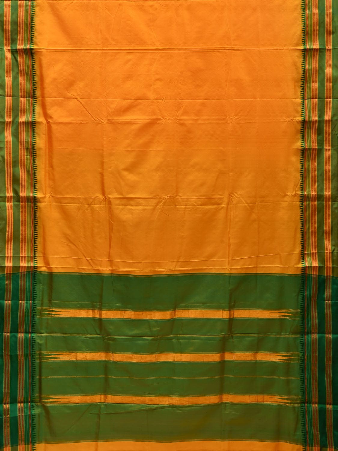 Yellow and Green Narayanpet Silk Handloom Plain Saree with Traditional Border Design No Blouse - Global Threads | Swadesiicart