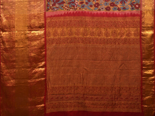 Yellow and Red Kalamkari Hand Painted Kanchipuram Silk Handloom Saree with Floral Design - Global Threads | Swadesiicart