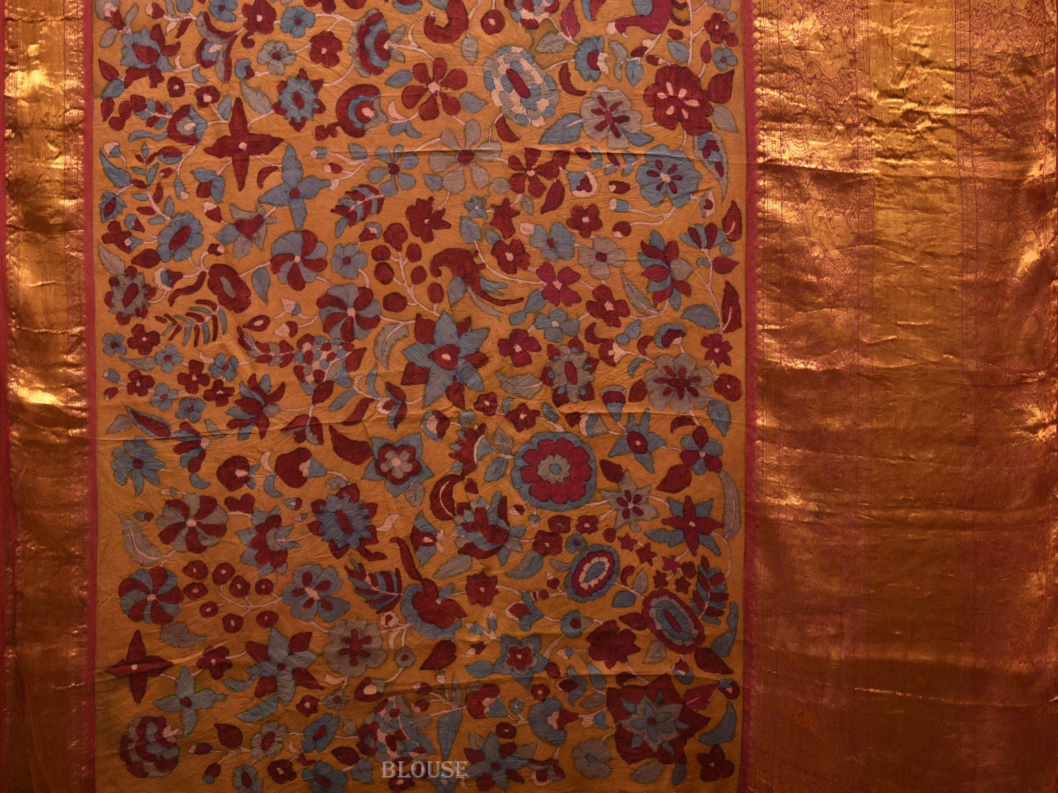 Yellow and Red Kalamkari Hand Painted Kanchipuram Silk Handloom Saree with Floral Design - Global Threads | Swadesiicart